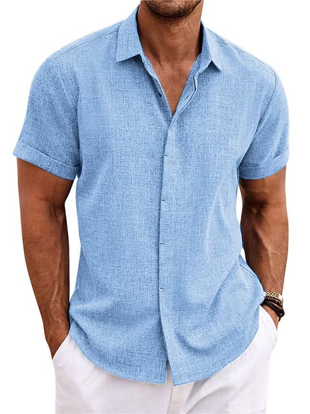 Men's linen short-sleeve t-shirt in green, relaxed fit with short sleeves and standing collar, perfect for warm weather.