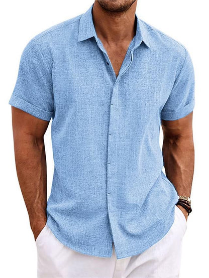 Men's linen short-sleeve t-shirt in green, relaxed fit with short sleeves and standing collar, perfect for warm weather.