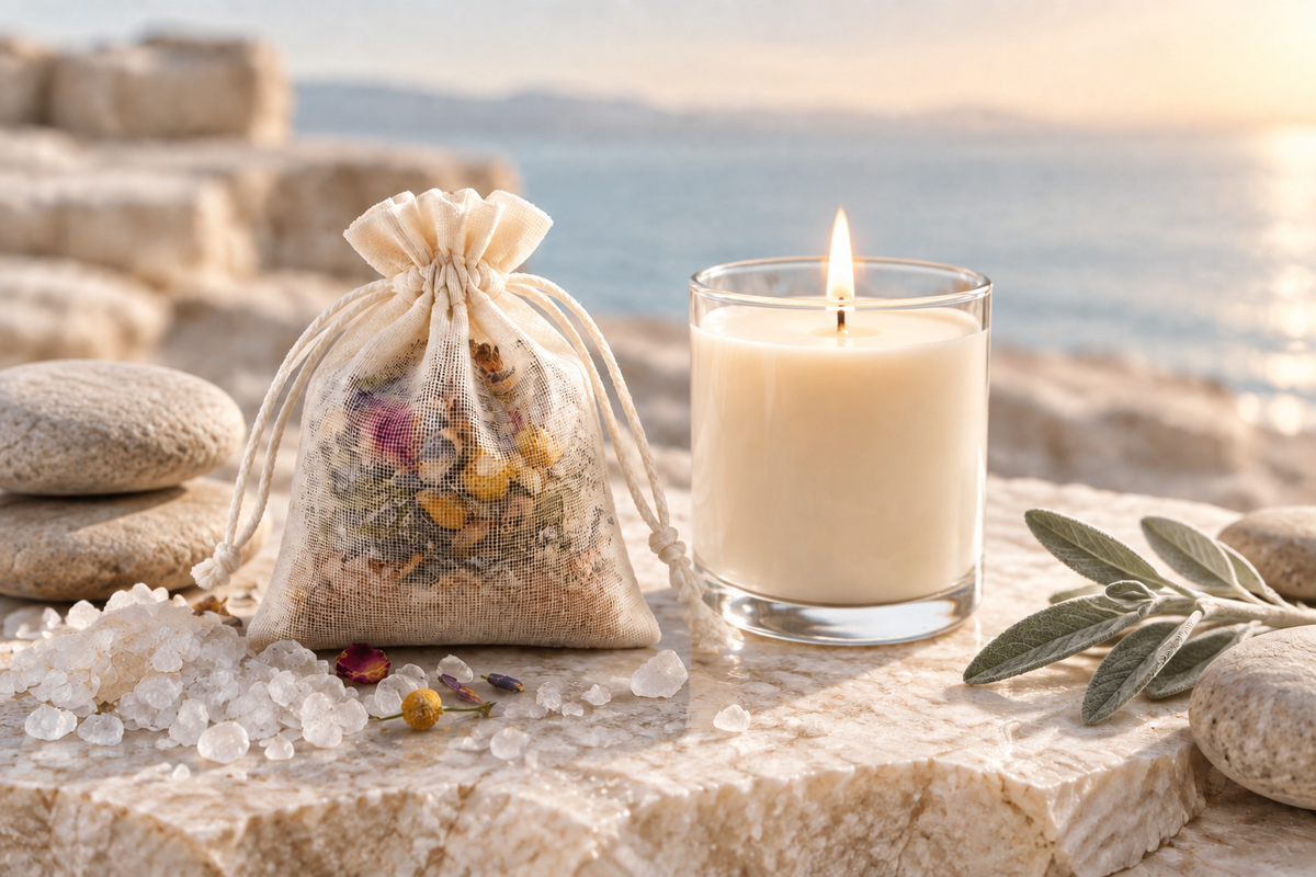 Dead Sea salt soak and plain candle gift set