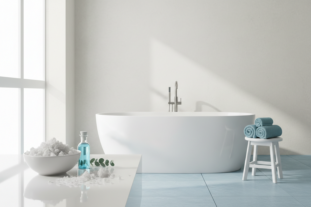 Modern bathroom with a freestanding bathtub, towels, and bath products.