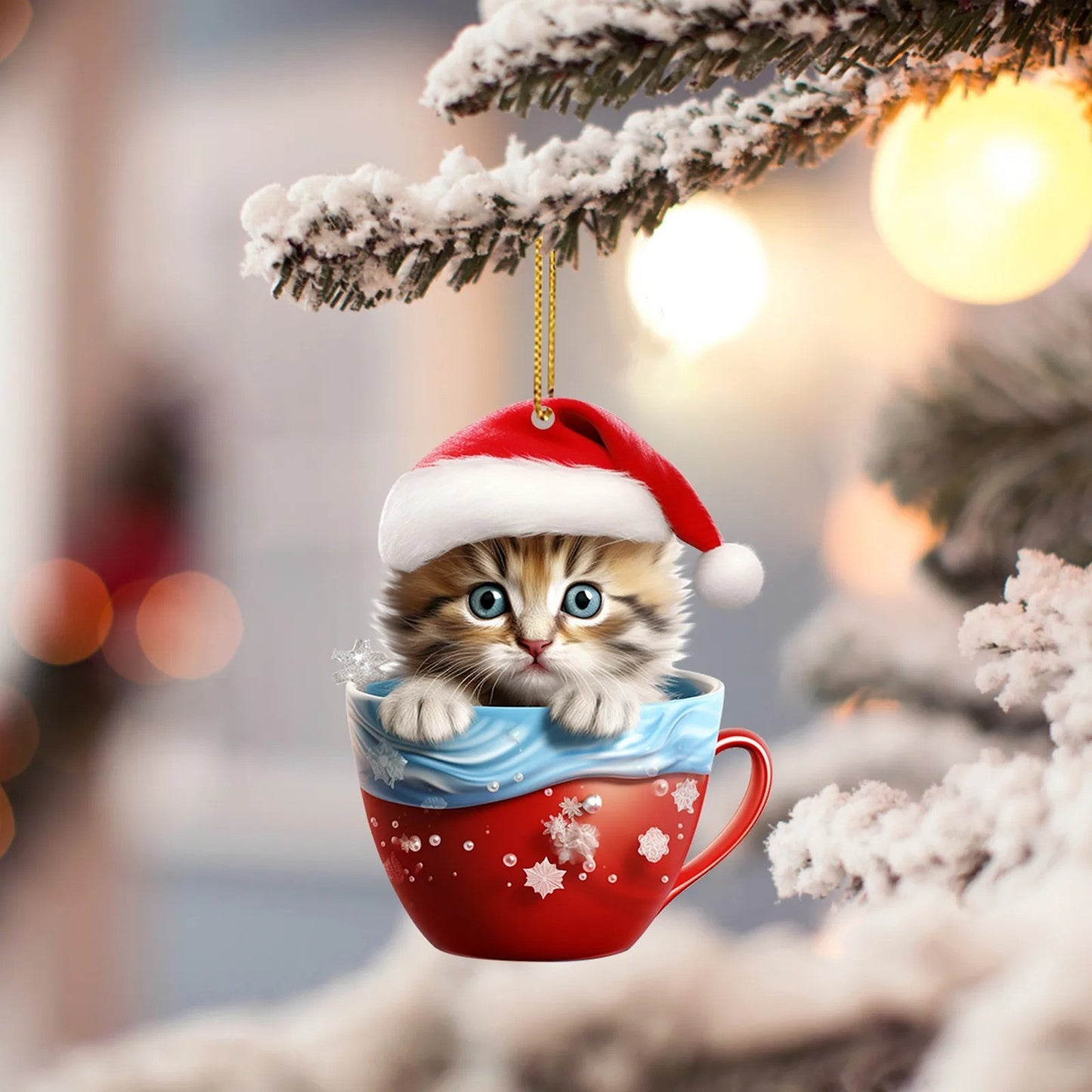 Stylish feline friends donning Santa hats, nestled in charming Christmas tea cups of rich blue or vibrant red. Featuring designs of Saint Nick's signature hat, delicate snowflakes, snowy landscapes, and beautiful poinsettias. Perfect for adorning your tre