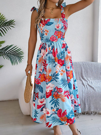 Women's Flowers Print Midi Summer Ruched Dress