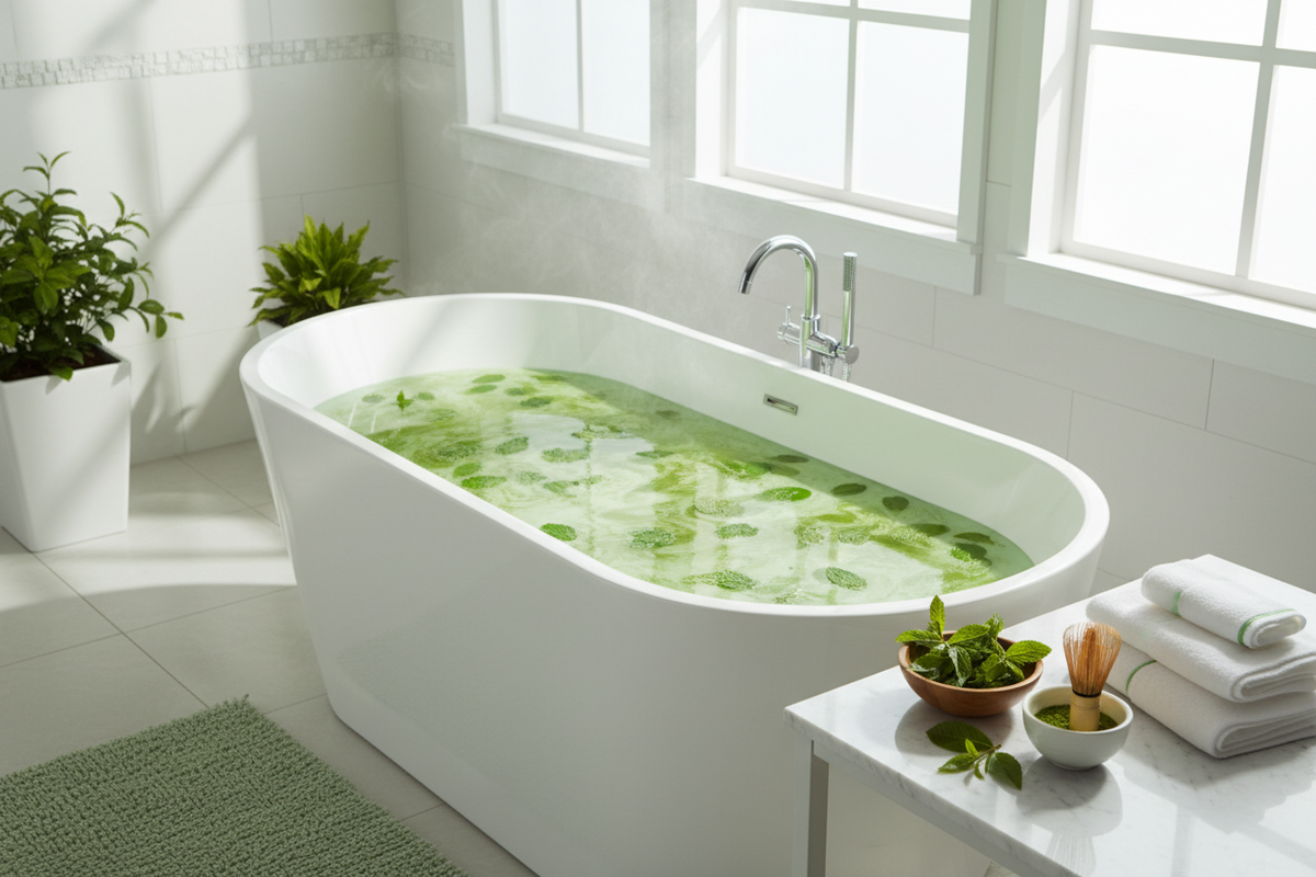 Bathroom with a bathtub filled with water and green leaves, surrounded by plants and towels.
