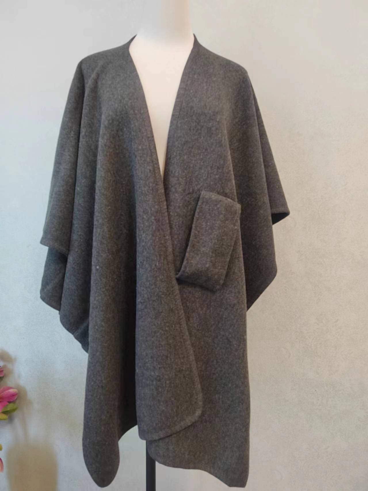 Women's Cotton Twill Cardigan Cape And Shawl in elegant gray twill fabric, perfect for casual and refined occasions.