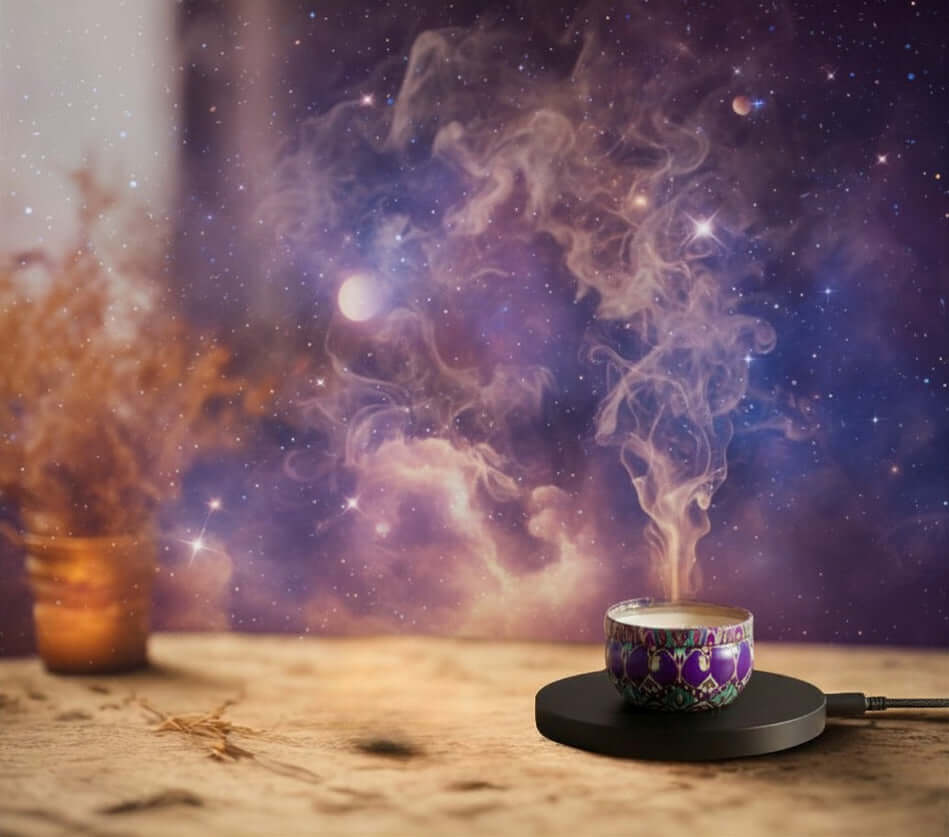Wickless Candles - Celebrate Milestones with colorful candle emitting fragrant smoke against a cosmic backdrop.
