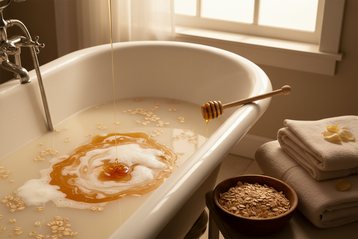 Bath tub with honey and oats, surrounded by towels and a bowl of oats.