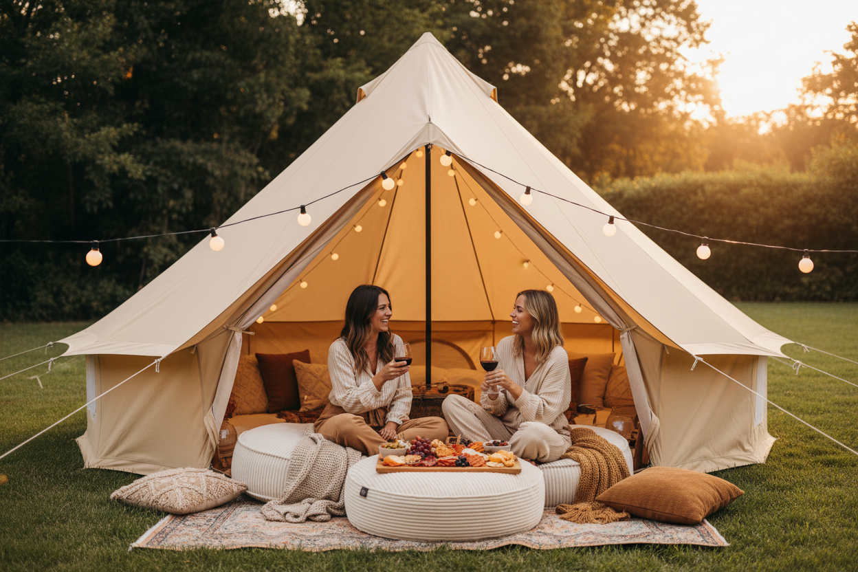 Glamping Bell Tent Interior - Ladies Wine and Snacks