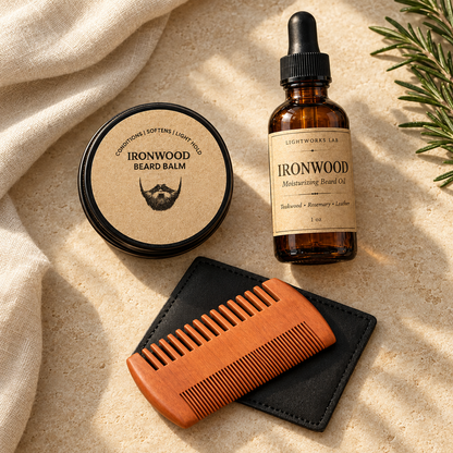 Ironwood beard care duo with a wooden comb gift