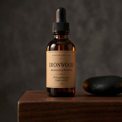 Ironwood F*cking Fabulous beard oil in a moody amber-lit setting