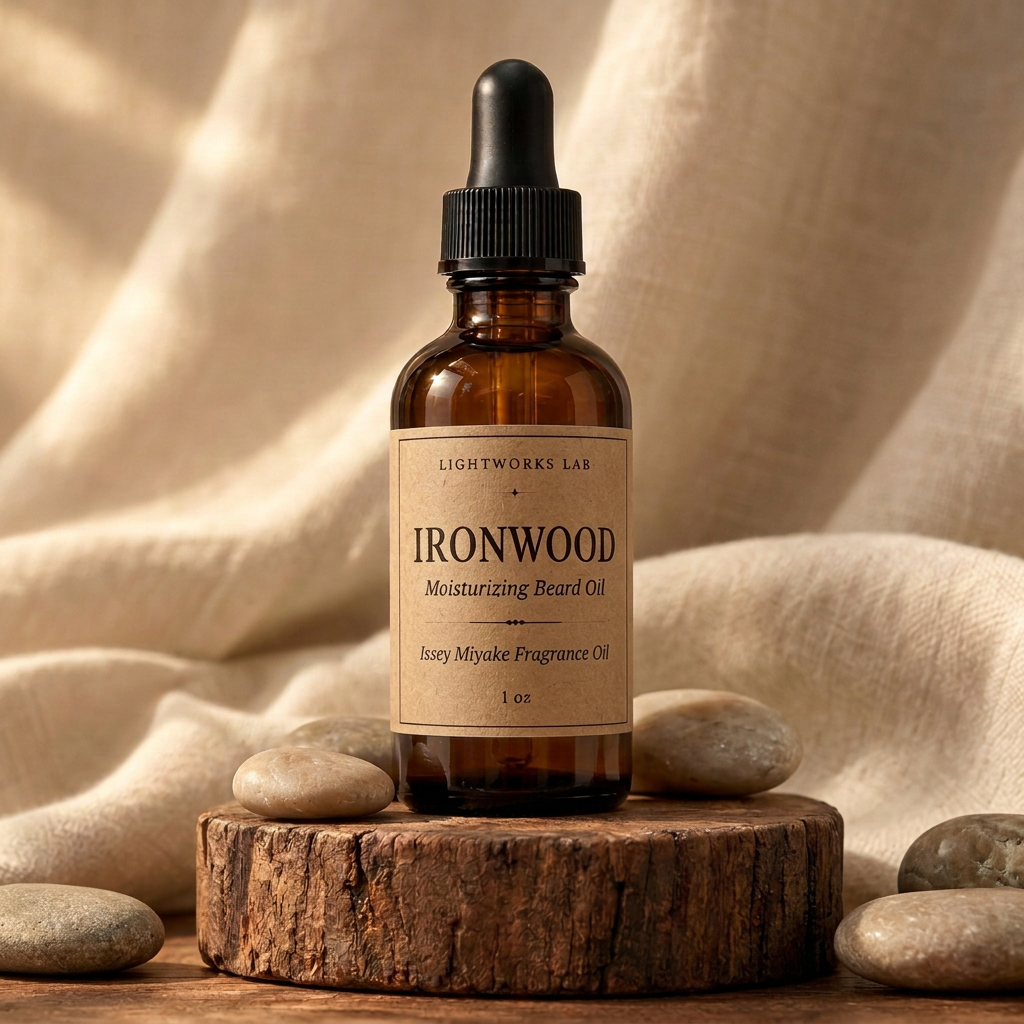 Ironwood Issey Miyake Fragrance Oil with a kraft-paper label