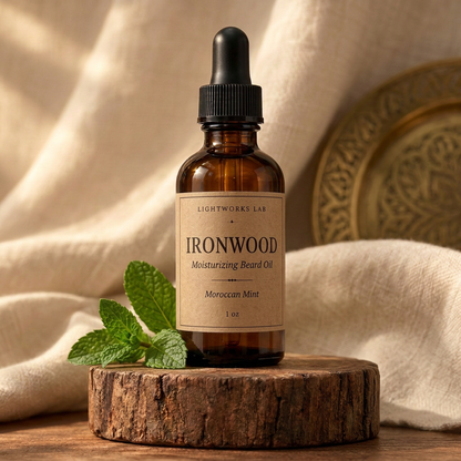 Ironwood Moroccan Mint beard oil with a kraft-paper label
