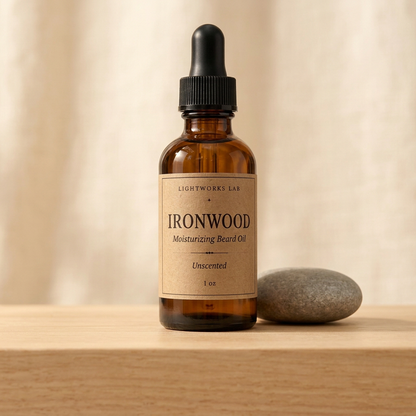 Ironwood Unscented beard oil with a kraft-paper label