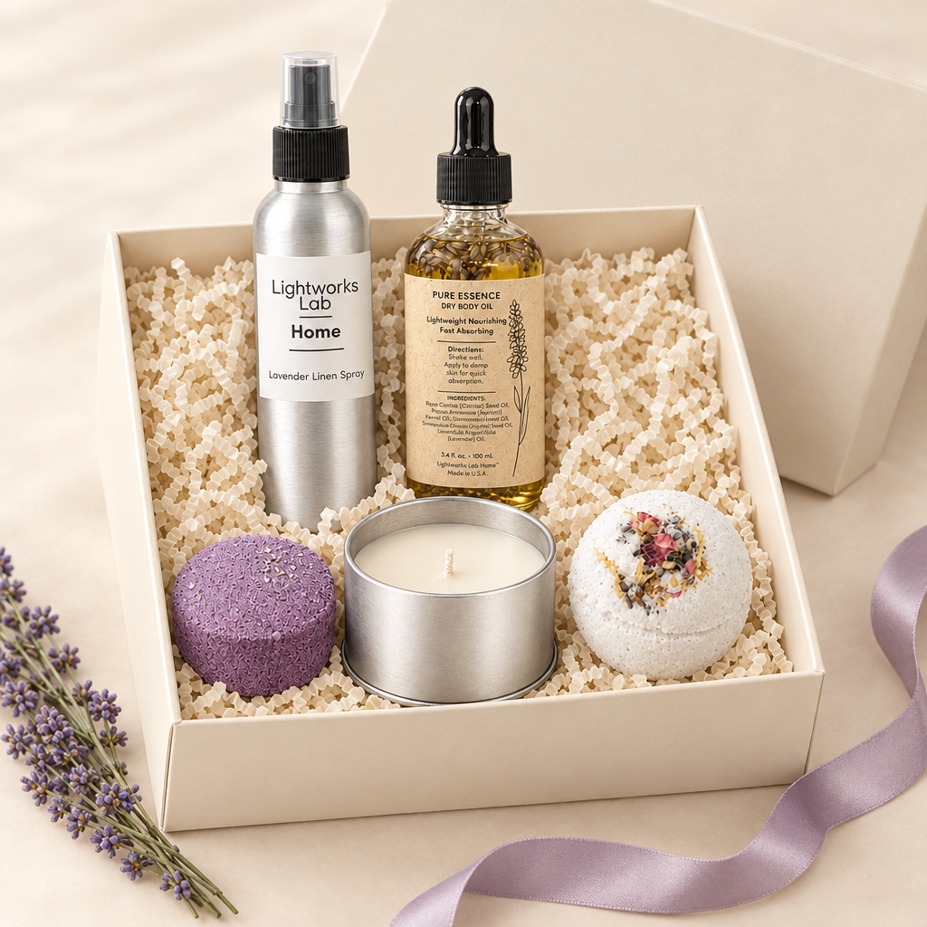 Lavender five-piece set styled in an ivory gift box