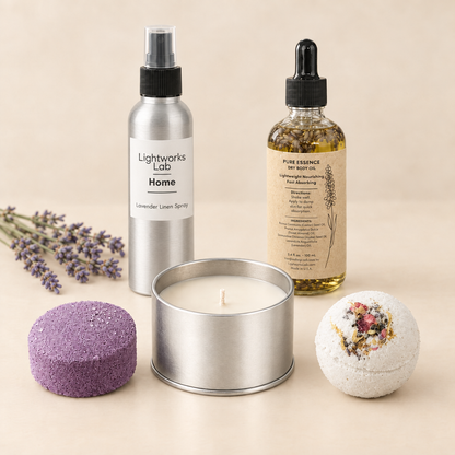 Lavender gift set with silver Lightworks Lab Home linen spray