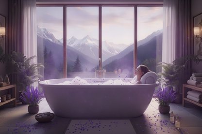 Person relaxing in a bathtub with a scenic mountain view from large windows.