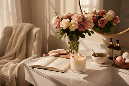Intentional Ritual Candles (10 oz) surrounded by a cozy setting with flowers and an open book.