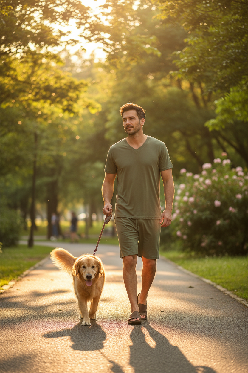 Men's Olive Green Modal Lounge Set - Dog Walking Lifestyle