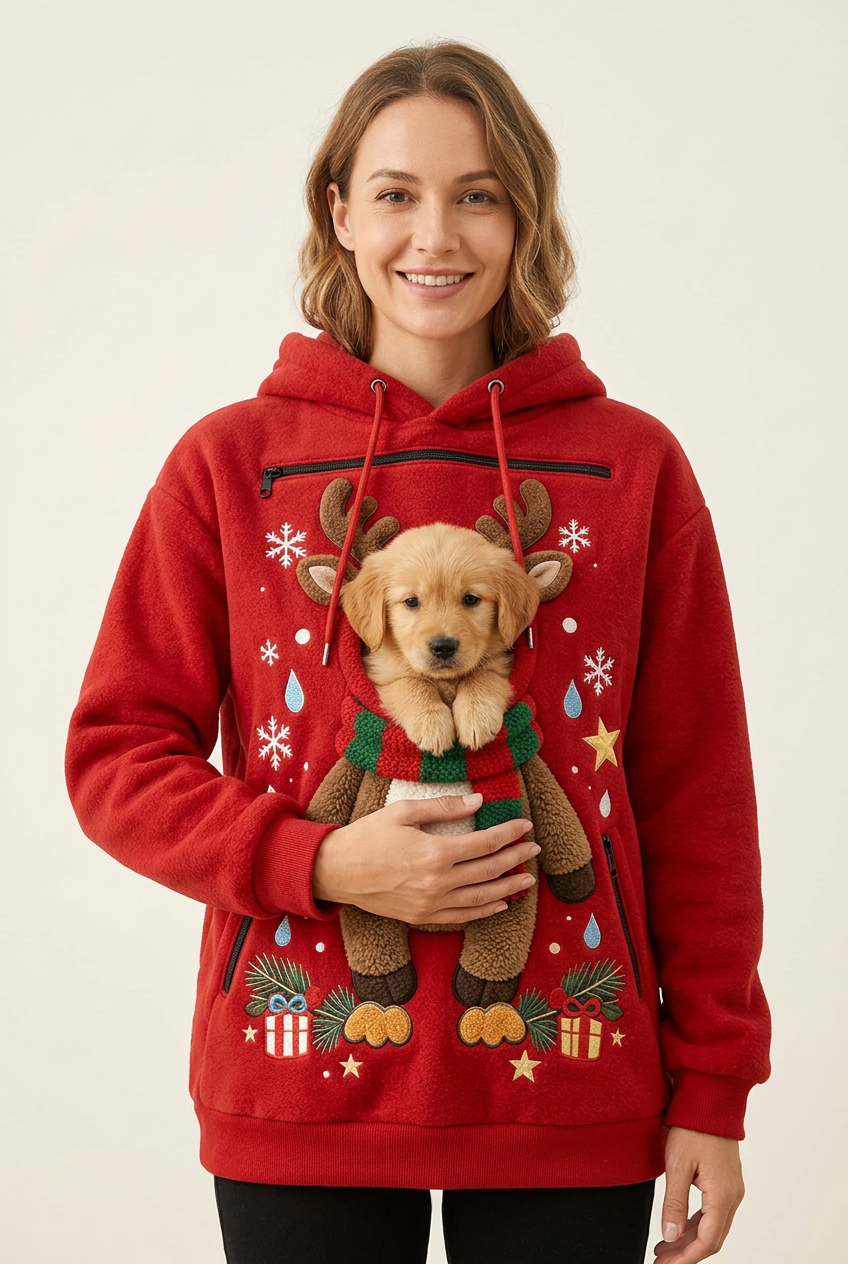Model wearing the red reindeer hoodie with a small puppy peeking through the opening