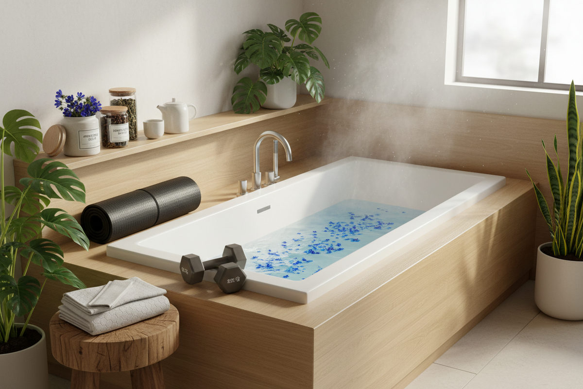 Modern bathroom with a bathtub, plants, and exercise equipment.