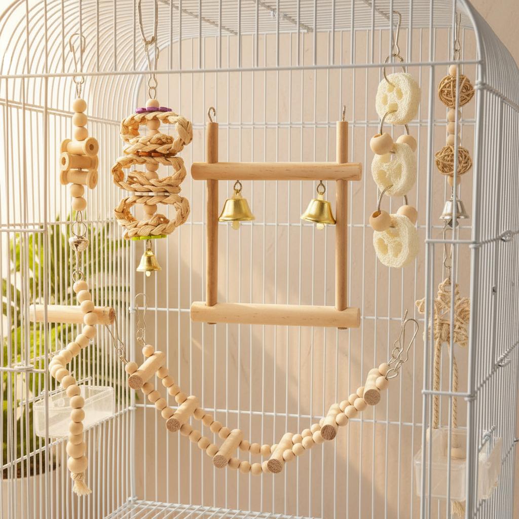 Parrot Toy Set Lifestyle Shot in Cage