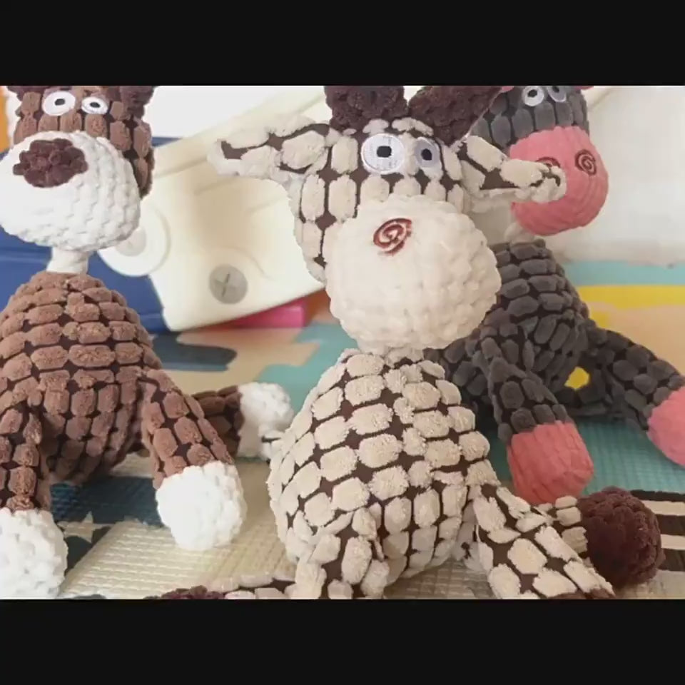 Squeaky Corduroy Chew Toys For Dogs featuring colorful animal shapes and plush textures for playful pets.