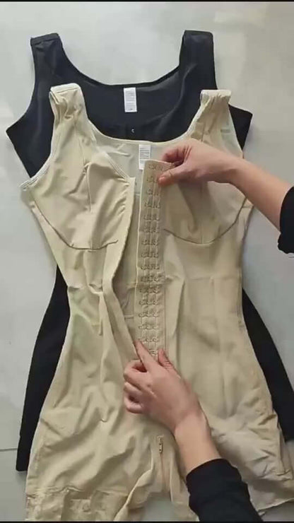 Two women’s full body shapers displayed, one beige with a front closure and one black, showcasing tummy control design.