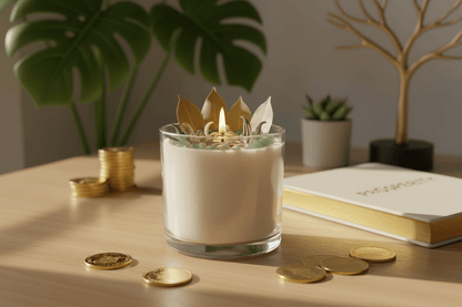 Intentional Ritual Candles (10 oz) featuring an elegant glass candle adorned with dried botanicals and crystal chips.