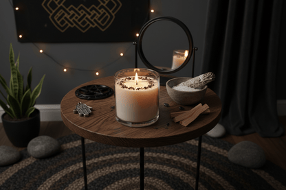 Intentional Ritual Candles (10 oz) on a wooden table with dried botanicals and spiritual decor.