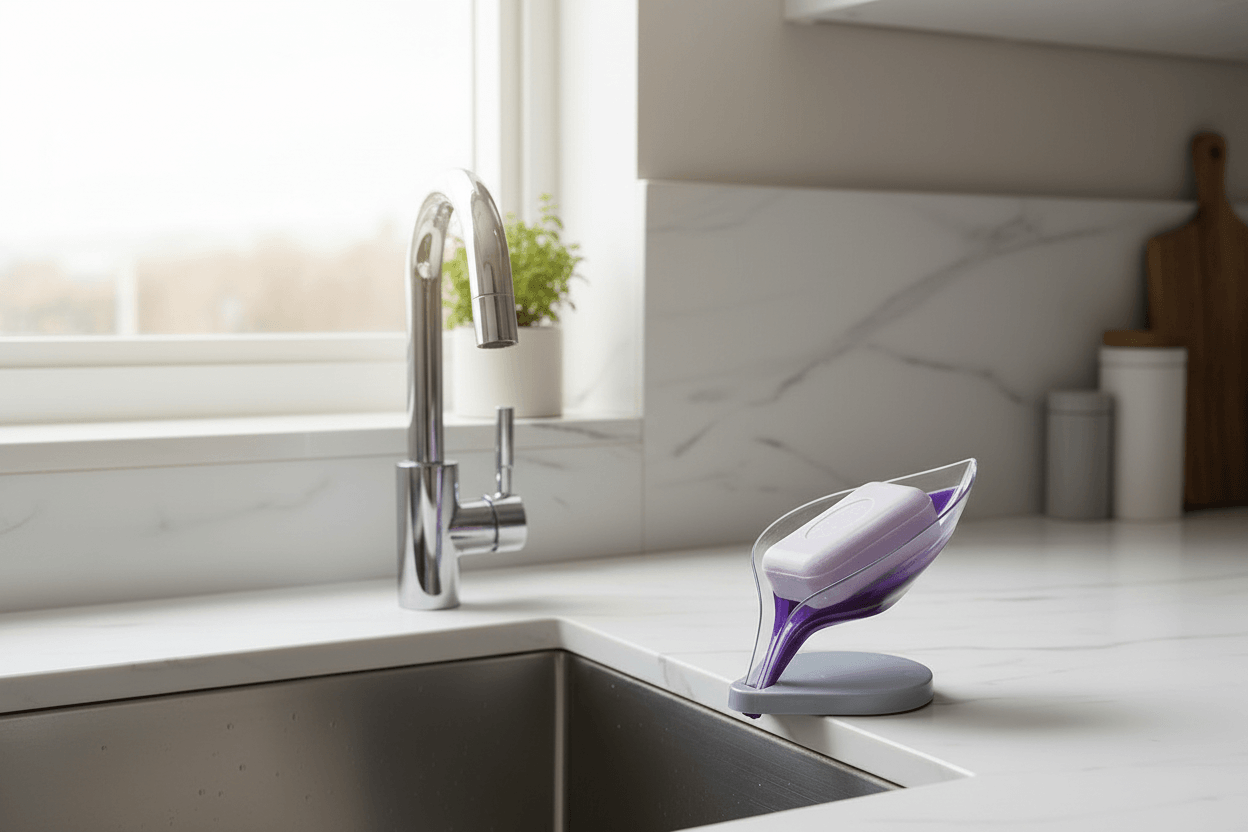 Soap & Shower Steamer Holder elegantly displayed on a kitchen countertop with a modern faucet.