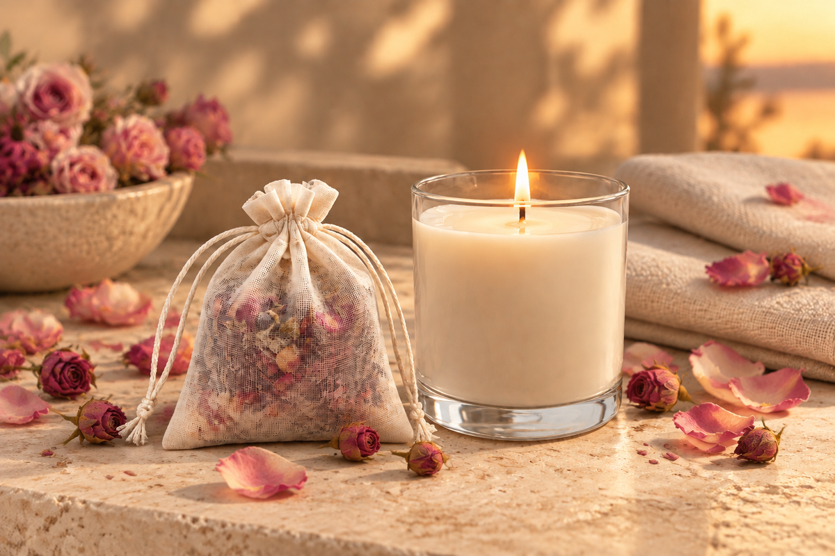 Rose Petal soak and plain candle set