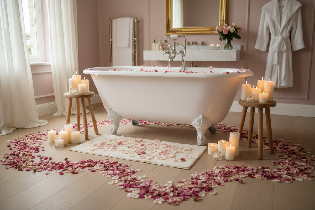Bathroom with a freestanding bathtub, candles, and rose petals on the floor.