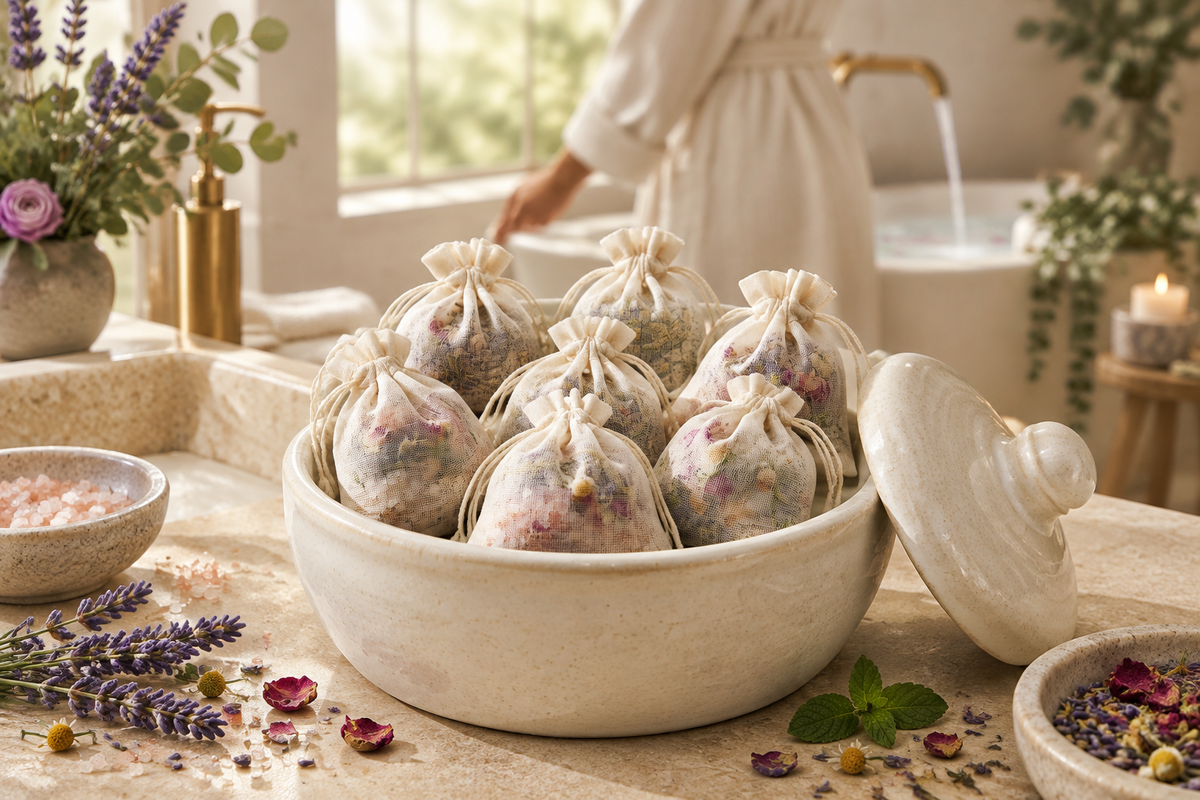 Seven botanical tea bags in a bathroom apothecary container