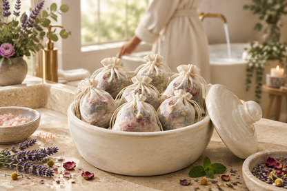 Seven botanical tea bags in a bathroom apothecary container