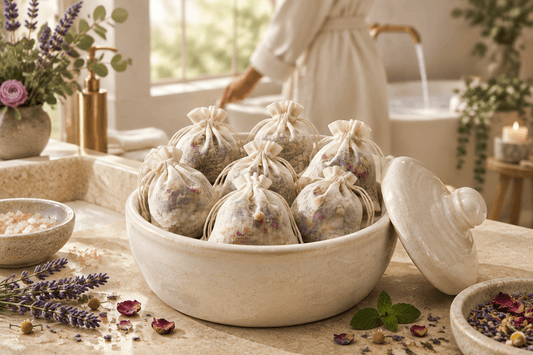 Seven botanical tea bags in a bathroom apothecary container