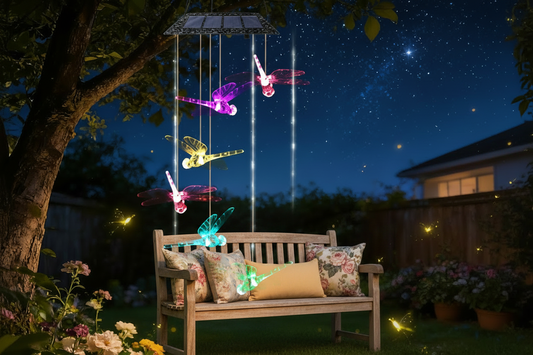 Solar Dragonfly Wind Chime – Garden Bench at Dusk