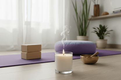 Intentional Ritual Candles (10 oz) burning in a serene yoga space, enhancing mindfulness and meditation.