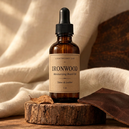 Tabac & Leather beard oil with a brown kraft-paper label