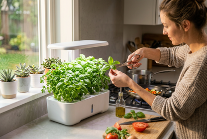 White hydroponic planter on a kitchen counter, someone snipping herbs while cooking
